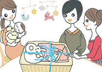 友人たちから大きなプレゼントを受け取る新生児のママ