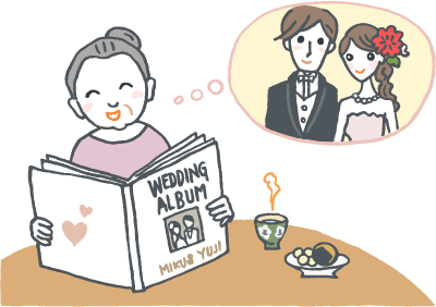 結婚式のフォトブックを眺める親戚のイラスト