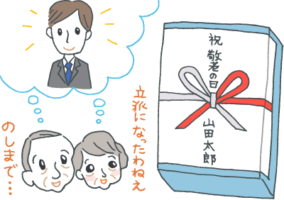 熨斗のかかった贈り物をみて「熨斗までつけて……立派になったなぁ」と喜ぶ祖父母