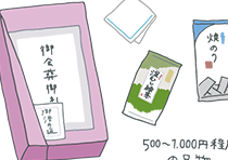 500〜1,000円程度の品物を箱に入れて包み「御会葬御礼」のカードとお清め塩を添えた会葬御礼品