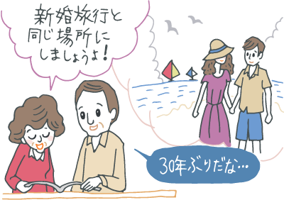 体験型ギフトのカタログを見ながらはしゃぐ真珠婚式の夫妻。