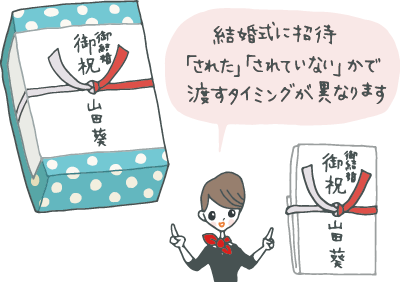 のしの付いた贈り物と祝儀袋を指し示しながら「結婚式に招待『された』か『されていない』かで渡すタイミングは異なります」と説明するコンシェルジュ