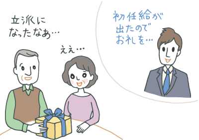 孫から就職祝いのお返しをもらった老夫婦。「初任給が出たので」と言うスーツ姿の孫を思い浮かべて「立派になったわね」と感激している