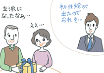 孫から就職祝いのお返しをもらった老夫婦。「初任給が出たので」と言うスーツ姿の孫を思い浮かべて「立派になったわね」と感激している