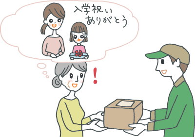 宅配便の荷物を受け取りながら、入学祝いを贈った親戚の子供とその母親を思い浮かべる年配の女性