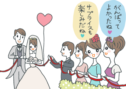 笑顔でリングリレーをする新郎新婦の友人たち。「がんばってよかったね！」「この後のサプライズも楽しみだね！」とささやき合っている