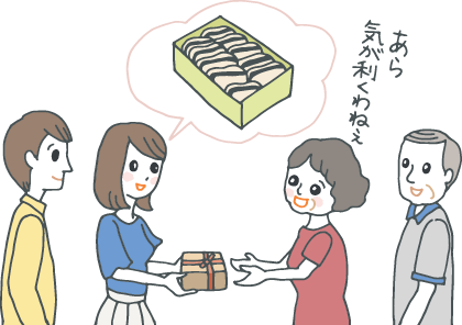 ｢（縁起物の）最中です」と、パートナーの両親に手土産を渡す若い女性とそれを見守るパートナー