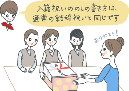 イラスト：同僚女性に、入籍祝いを送っているOL3人組。「入籍祝いののしの書き方は、通常の結婚祝いと同じです」とコンシェルジュ。