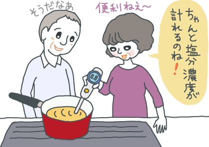 イラスト：塩分量計を料理に差し込み「ちゃんと塩分濃度が計れるのね！便利ねえ～」と感心しているおばあちゃん＆おじいちゃん