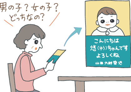 イラスト：「こんにちは！悠（ゆう）ちゃんです　よろしくね」と書かれた出産報告ハガキを手にしている女性。写真だけでは赤ちゃんの性別が分からず「で、男の子なの？女の子なの？」と混乱している