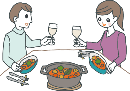 イラスト：おしゃれな鍋で作った煮込み料理をそのままテーブルに出して夕食を楽しむ新婚夫婦