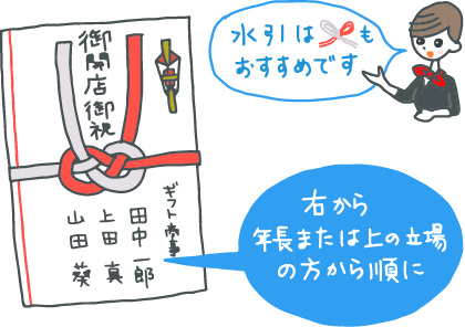 イラスト：「御開店御祝」とかかれた、あわじ結びの水引がかかったのし袋。