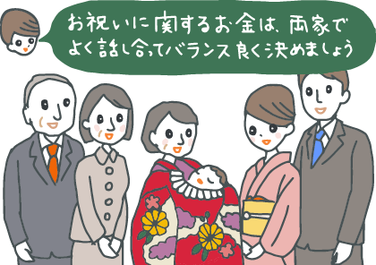 イラスト：赤ちゃん、両親、祖父母でのお宮参り。「お祝いに関するお金は、両家でよく話し合ってバランス良く決めましょう」とコンシェルジュ。