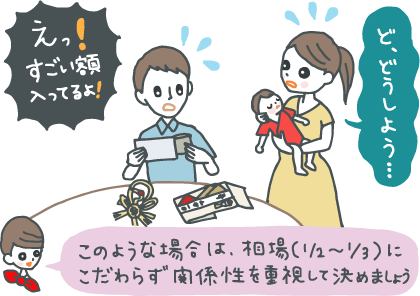 イラスト：テーブルに座り、高額そうなご祝儀袋から中身（厚みのある札束）を出し「えっ！すごい額入ってるよ！」と驚くパパと、赤ちゃんを抱っこして「ど、どうしよう…」とオロオロするママ。「このような場合は、相場（1/2〜1/3）にこだわらず、関係性を重視して決めましょう」とコンシェルジュ