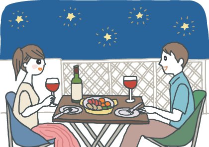 イラスト：星空を背景にベランダグランピングで夕食を楽しむカップル