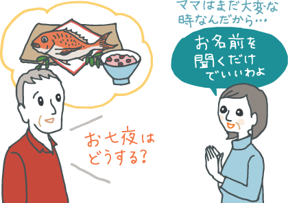 イラスト：「お七夜はどうする？」と尾頭付きの鯛や赤飯を連想する赤ちゃんの祖父に「ママはまだ大変な時なんだから、お名前を聞くだけでいいわよ」とママを気遣う祖母。