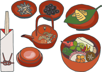 イラスト：お正月の祝い膳にのるもの「お屠蘇」「祝い肴（数の子、ごまめ、黒豆）」「お雑煮」「水引付きの箸袋＋柳箸」