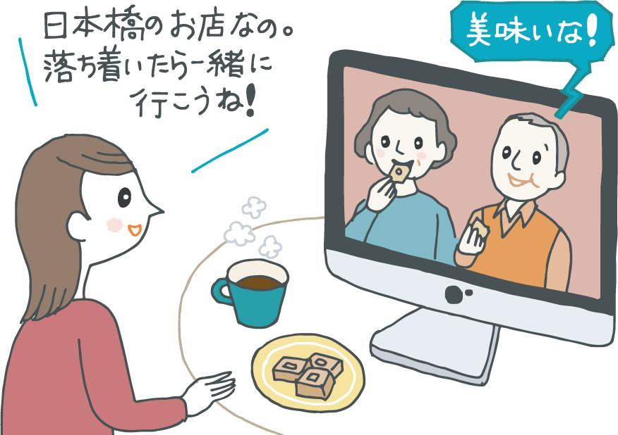 イラスト：オンライン帰省土産で実家にお菓子を贈った女性。画面越しに美味しそうに食べている両親。女性「日本橋のお店なの。落ち着いたら一緒に行こうね！」