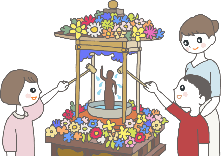 イラスト：花御堂のなかの誕生仏に柄杓ですくった甘茶をかける子供たちとそれを見守る母親。