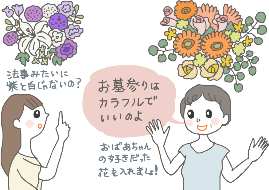 イラスト：お墓参りの花について「法事みたいに紫と白じゃないの？」と聞く娘に「お墓参りはカラフルでいいのよ。おばあちゃんの好きだった花を入れましょ！」と答える母