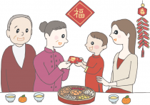 イラスト：春節の飾り付けのある部屋でお茶を飲みながら寛ぐ家族。祖母から赤い袋に入ったお小遣いをもらって喜ぶ小さな男の子。