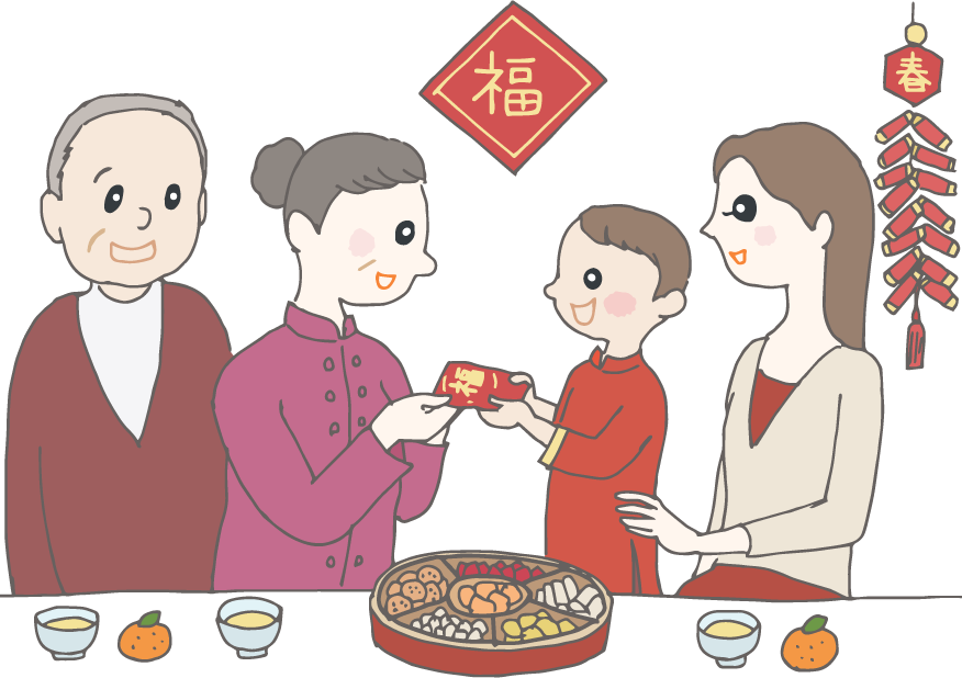イラスト：春節の飾り付けのある部屋でお茶を飲みながら寛ぐ家族。祖母から赤い袋に入ったお小遣いをもらって喜ぶ小さな男の子。