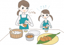 イラスト:いなり寿司を一緒に作っている母娘