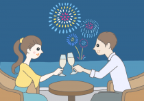 イラスト：海に面したレストランのテラスで、花火を背景に乾杯するカップル
