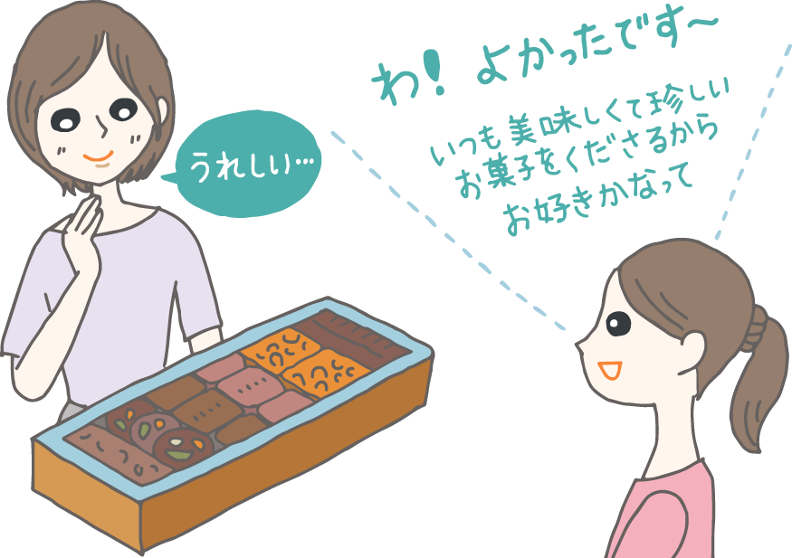 イラスト：高級そうな洋菓子（チョコレート詰め合わせ）をもらった義姉。贈り主の義妹に「いつも美味しくて珍しいお菓子をくださるので、本当にお好きなんだなと思って」と言われ「うれしい…」としみじみ喜んでいる様子。