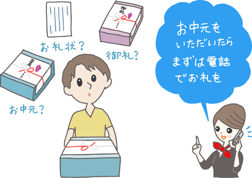 イラスト：お中元をいただき、お礼状や「御礼」「お中元」のしの贈り物を思い浮かべる男性と、「お中元をいただいたらまずは電話でお礼を」とアドバイスするコンシェルジュ