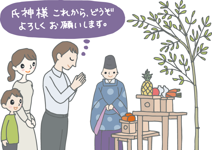 イラスト：地鎮祭に参加した両親と男の子。神主さんが見守る前で、お父さんは祭壇に向かい目をつむって手を合わせ「氏神様、これからどうぞよろしくお願いします」と心の中で挨拶している。