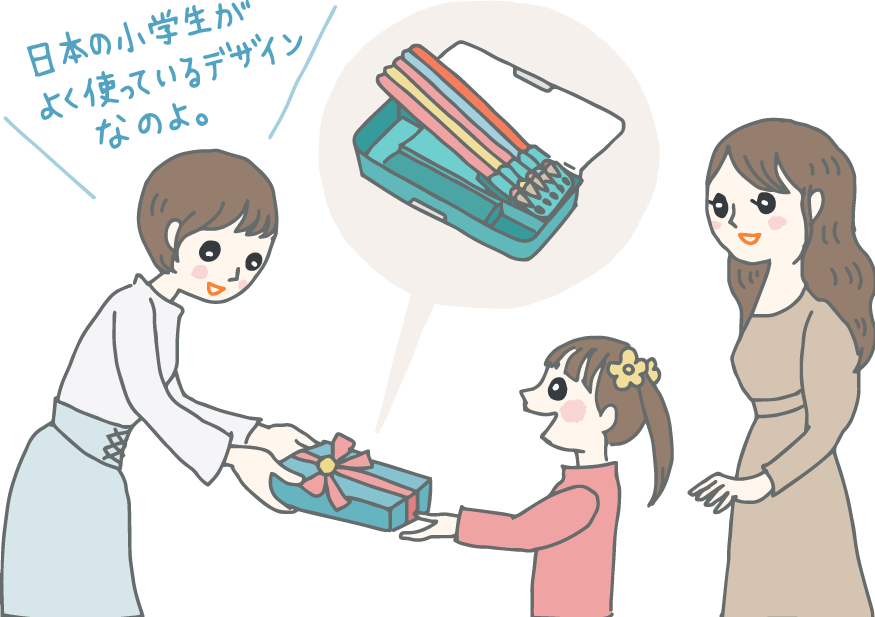 イラスト：「日本の小学生がよく使っているデザインなのよ」と箱形で両面開きの筆箱をプレゼントする女性と喜ぶ母娘。