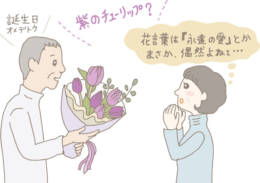 イラスト：2月生まれの妻に紫のチューリップの花束を渡す老紳士。妻は「紫のチューリップ？」と驚き、内心「花言葉は『永遠の愛』とか、まさか。偶然よねぇ…」と思っている。
