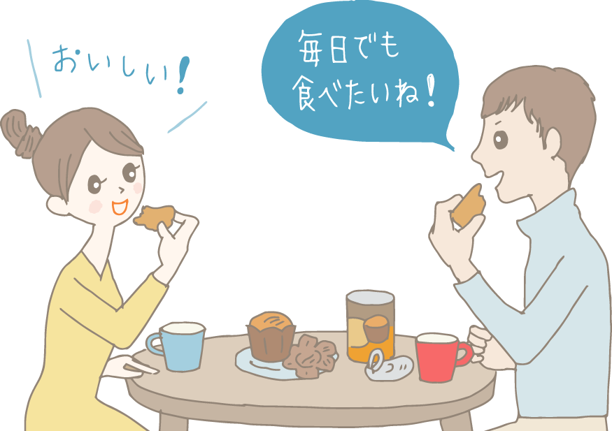 イラスト：おやつの時間にデニッシュとお茶を楽しむカップル「毎日でも食べたいね〜！」。テーブルにはデニッシュが入っていた空き缶が。吹き出しで送り主が「保存期間は3年だよ」と言っている。