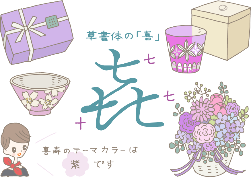 イラスト：中央に草書体の「喜」の文字、周りには、左上から時計回りに、紫色の包装紙でラッピングされたギフト、桐箱の手前に置かれた赤紫の切り子のグラス、紫系の花がいろいろ入ったフラワーアレンジメント、桜模様の入った藤紫色の飯茶碗。コンシェルジュが「喜寿のテーマカラーは紫です」と解説。