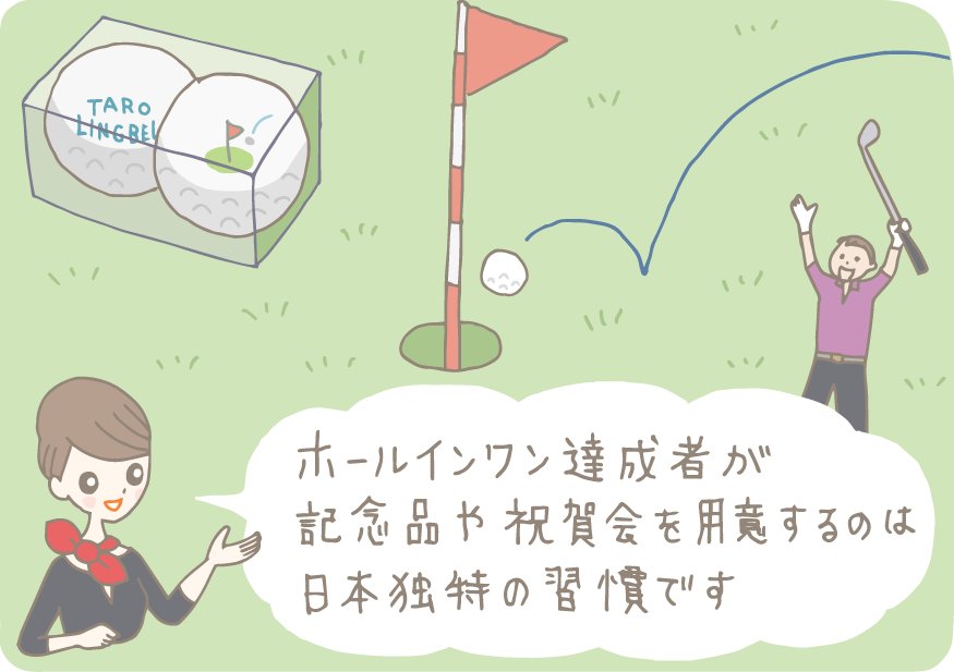 イラスト：ホールインワンをして喜んでいる人とホールインワン記念ボールセットを背景に「ホールインワン達成者が記念品や祝賀会を用意するのは日本独特の習慣です」