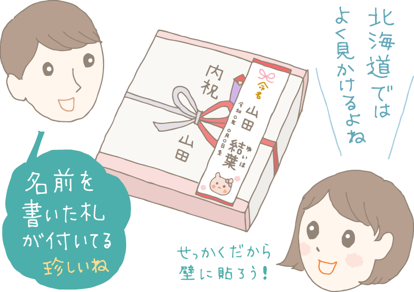 イラスト：北海道から届いた出産内祝いの贈り物を見ながらの会話「名前を書いた札が付いてる。珍しいね」「北海道ではよく見かけるよね。せっかくだから壁に貼ろう！」（贈り物は、内祝、山田、と書かれた蝶結びのし紙の右上に、短冊状の命名札が貼られている）