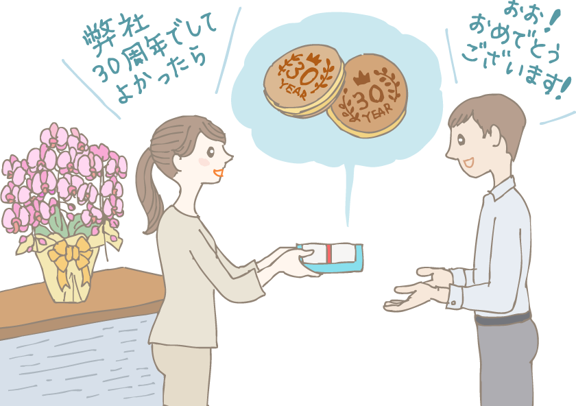 イラスト：「弊社30周年でして、よかったら」とお客様に周年記念ギフトを手渡す様子。中身は「30Years」と焼き印の入ったどら焼きのセット。「おお！おめでとうございます！」と喜ぶお客様。背後のカウンターには立派な胡蝶蘭の鉢が置かれている。