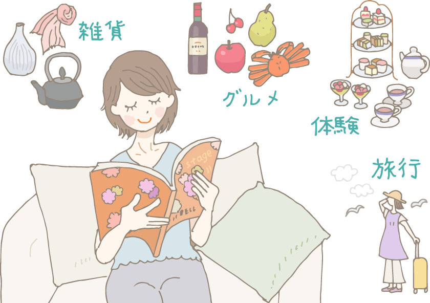 イラスト:ソファーに座って楽しげにカタログギフトを眺める女性。その周りには、カタログギフトに掲載されているようなアイテムがちりばめられている。雑貨(花瓶、ストール、鉄瓶)やグルメ(ワイン、フルーツ、カニ)、体験(アフタヌーンティ)、旅行(トラベルキャリーバッグを持った、麦わら帽子をかぶった女性)など