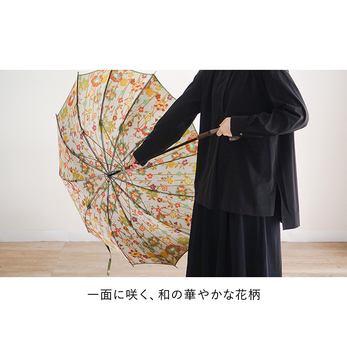 小宮商店　甲州織　雨晴兼用和花柄長傘　草色