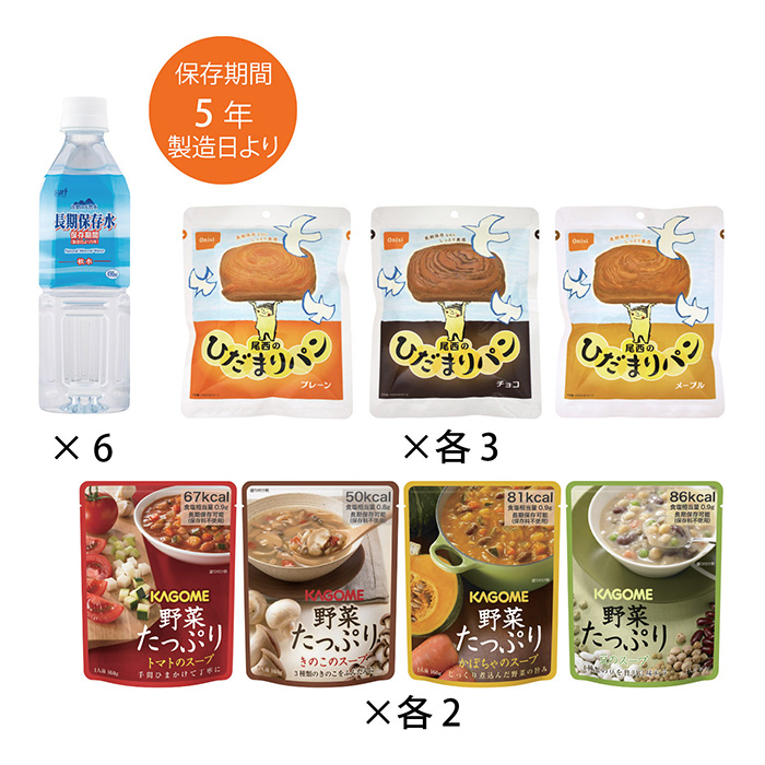 　長期保存水・パン・スープセット