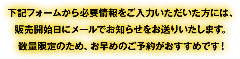 下記フォームから必要情報をご入力いただいた方には、販売開始日にメールでお知らせをお送りいたします。数量限定のため、お早めのご予約がおすすめです！
