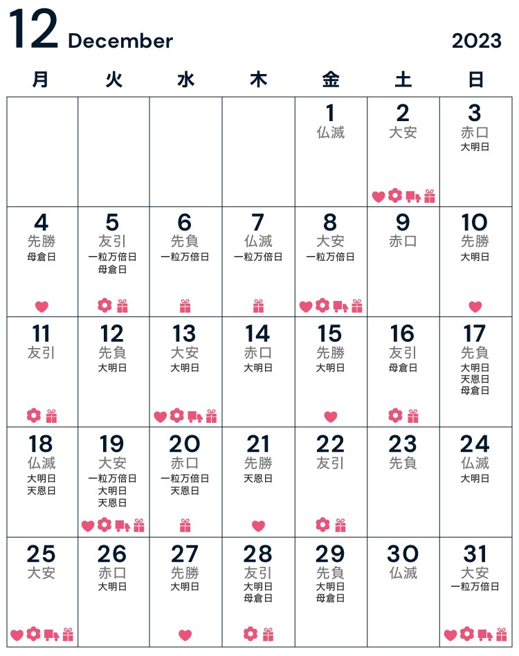 12月のお祝い・内祝いに縁起の良い日・吉日カレンダー