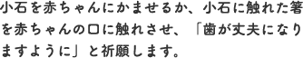 小石を赤ちゃんにかませるか、小石に触れた箸を赤ちゃんの口に触れさせ、「歯が丈夫になりますように」と祈願します。