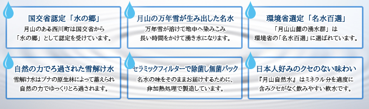 国交省認定「水の郷」月山のある西川町は国交省から「水の郷」として認定を受けています。　月山の万年雪が生み出した名水　万年雪が溶けて地中へ染みこみ長い時間をかけて湧き水になります。　環境省選定「名水百選」　「月山山麓の湧水群」は環境省の「名水百選」に選ばれています。　自然の力でろ過された雪解け水　雪解け水はブナの原生林によって蓄えられ自然の力でゆっくりとろ過されます。　セラミックフィルターで除菌し無菌パック　名水の味をそのままお届けするために、非加熱処理で製造しています。　日本人好みのクセのない味わい　『月山自然水』はミネラル分を適度に含みクセがなく飲みやすい軟水です。 